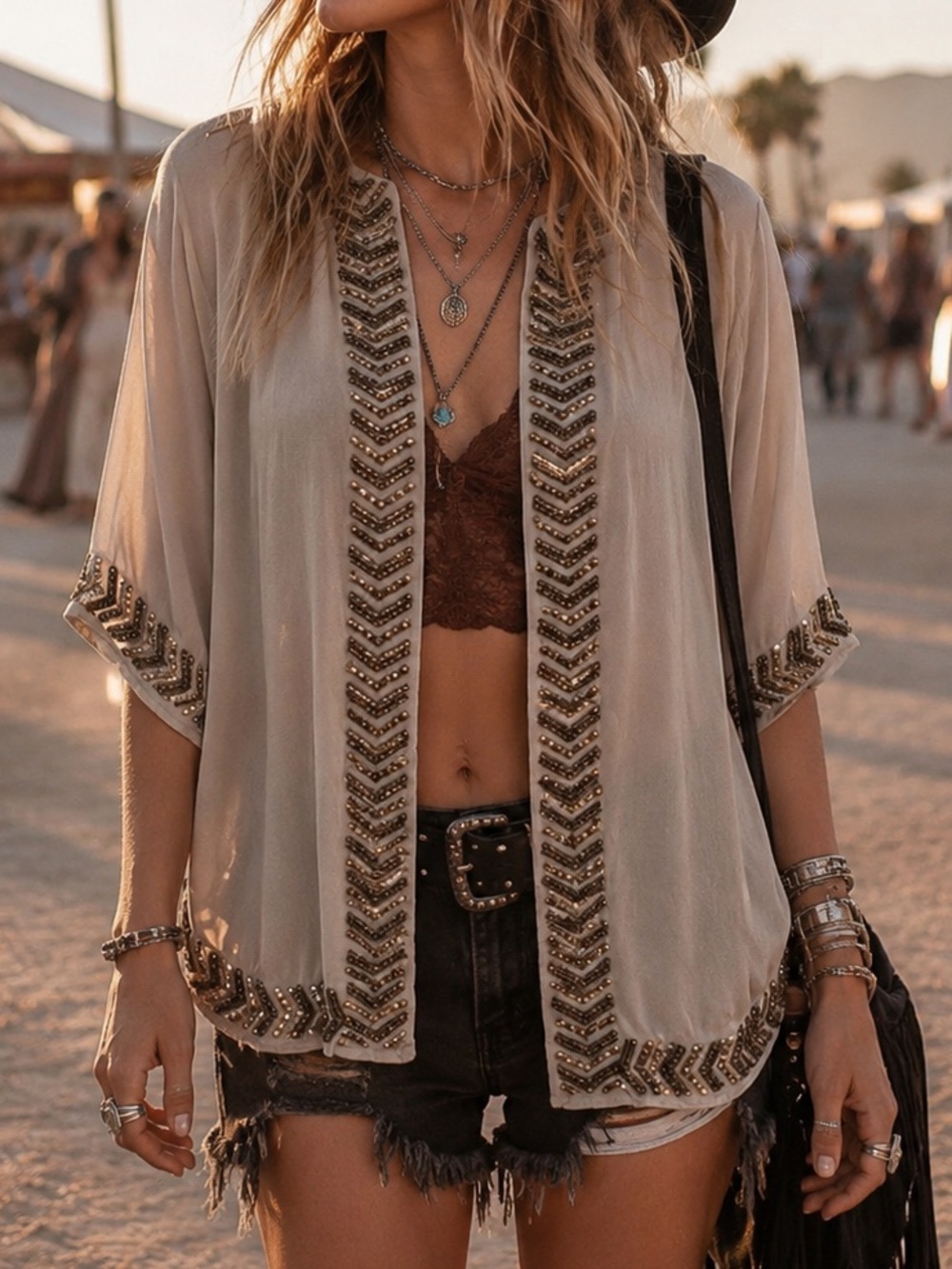 Forever 21 Chevron Beaded Boho Kimono Taupe Festival Summer Top Blouse 🌙🎶